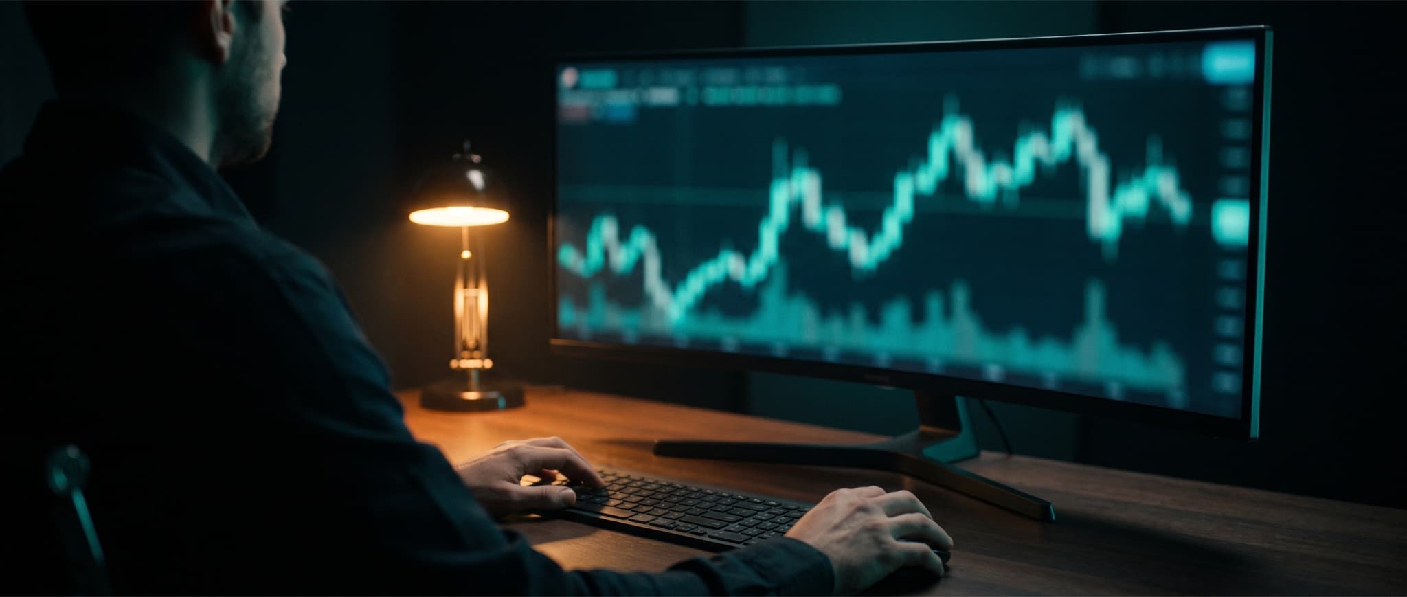 A trader at a desk at night, an ultrawide monitor showing abstract chart shapes