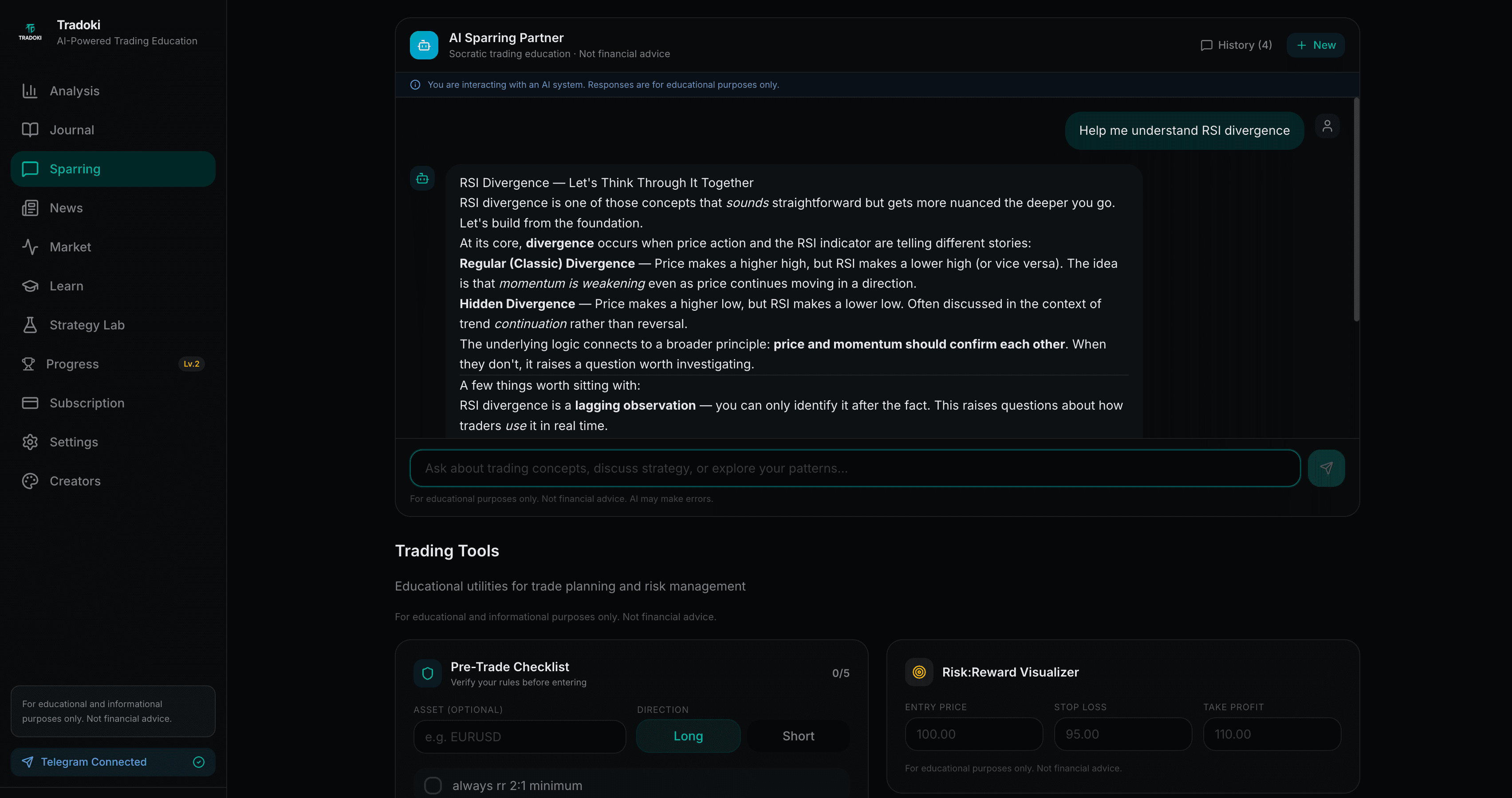 Tradoki AI Sparring Partner — Socratic questioning chat